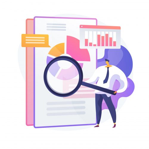 Business audit. Financial specialist cartoon character with magnifier. Examination of statistical graphic information. Statistics, diagram, chart. Vector isolated concept metaphor illustration